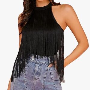 Verdusa Black Fringe Halter Bodysuit NWT, size Medium